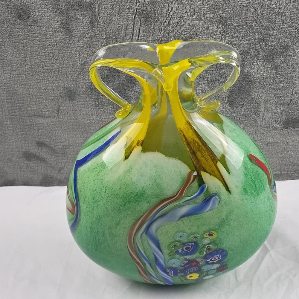 Murano Style Art Glass Vase Millefiori Yellow Green Double Handle Vase 11